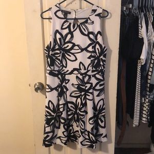 White and navy bold floral print dress